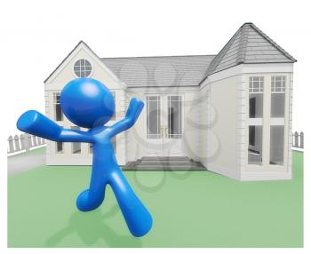 Royalty Free Clipart Image of a Happy Blue Man in Front of a House 