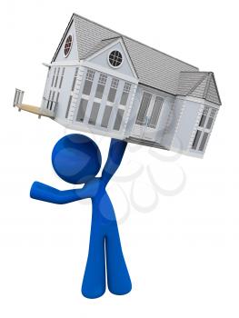 Royalty Free Clipart Image of a Blue Man Holding a House