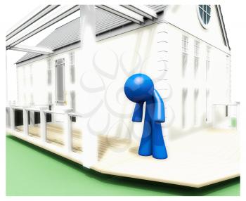 Royalty Free Clipart Image of a Blue Man Standing on the Porch of a House