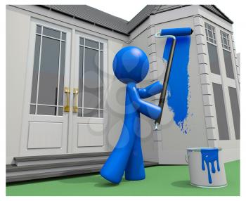 Royalty Free Clipart Image of a Blue Man Painting a House