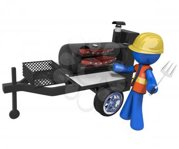 Royalty Free Clipart Image of a Blue Man Barbecuing Ribs