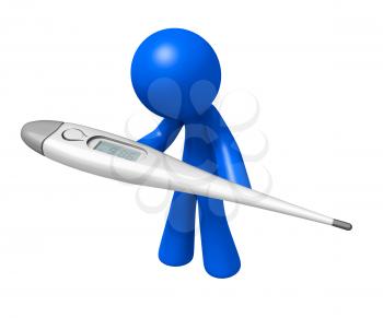Royalty Free Clipart Image of a Blue Man Looking at a Thermometer