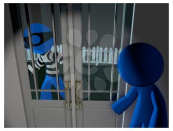 Royalty Free Clipart Image of a Blue Man Robber Outside of a House