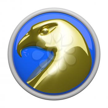 A gold eagle on a reflective bright blue background. Icon.