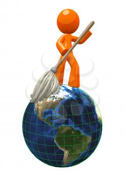 3d Orange Man mopping the globe, cleaning the earth. This illustration is great for representing professions of earth science, janitorial, grounds keeping, and high end cleaning services.