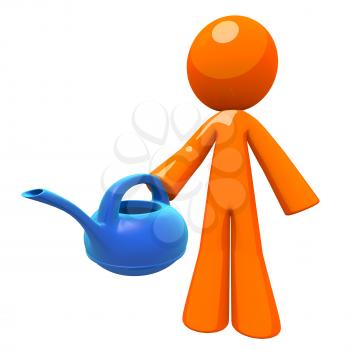 Gardener and gardenging concept, 3d orange man holding a watering can. Can also be used for any environmental and watering concept, such as utilities and resource management.