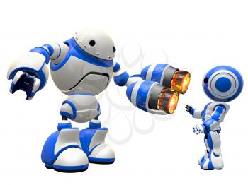 An image depicting internet security, in a fictional sense. Robot pointing plasma gun at invader.