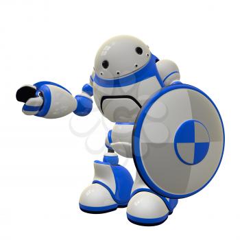 Concept in computer security - a robot with a shield. He is waving hi. Can depict firewall and antivirus threat control.