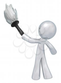 Silver man holding a duster, denotes quality cleaning services, general maintenance, and so forth. Always at top quality.