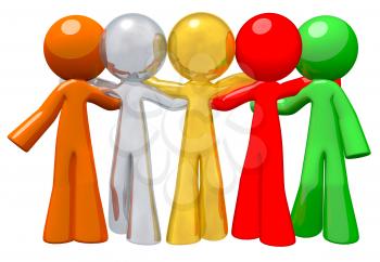 Group of people together, different colors. Denotes workplace diversity. Orange, silver, gold, red, and green people.