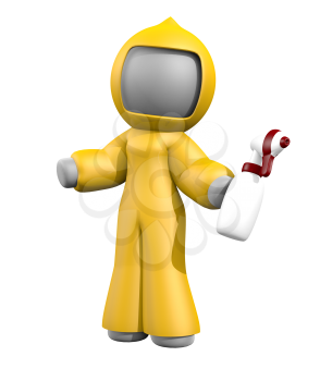 3d lady with sprayer, ready to clean up bio-hazard or disaster area. Yellow suit, red and white sprayer, gray 3d woman! 