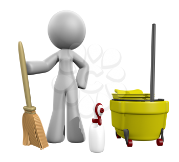3d lady with a broom, mop, and spray, flaunting her professional cleaning services expertise. 