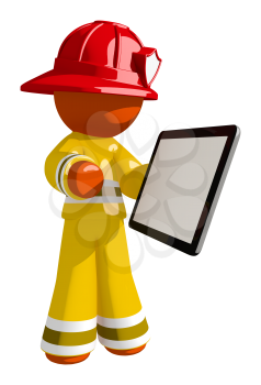 Orange Man Firefighter with Tablet and Blank Space