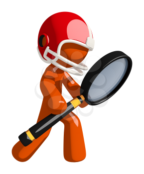 Football player orange man with magnifying glass checking score.