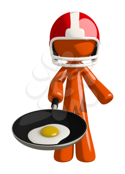 Football player orange man frying an egg as a metaphor in what he intends to do or has done to his opponent or competition.