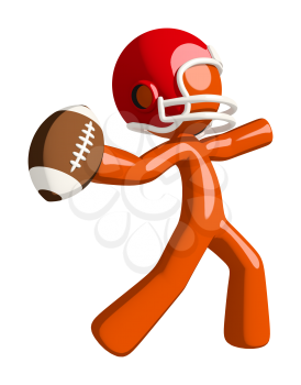 Football player orange man throwing a football in that familiar hero stance.