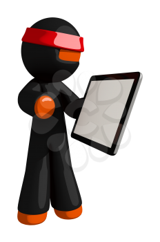 Orange Man Ninja Warrior Using Tablet with Blank Space