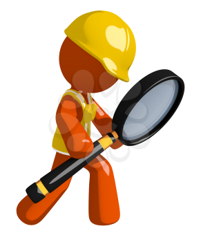 Orange Man Construction Worker  Looking through Magnifying Glass