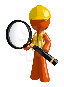 Orange Man Construction Worker  Standing with Magnifying Glass