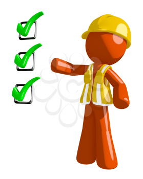 Orange Man Construction Worker  Pointing Green Checkmark List