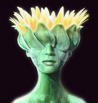 Woman with head morphing into a flower. Abstract concept for subjects like spring, horticulture, and naturalist thinking. Dark tinted background. 