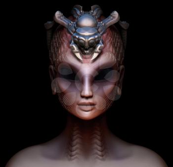 Hybrid alien woman queen with embedded parasite crown front view