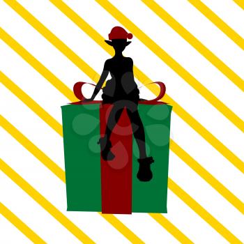 Royalty Free Clipart Image of an Elf on a Present