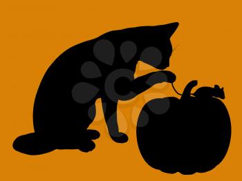 Royalty Free Clipart Image of a Cat, and a Mouse With a Pumpkin