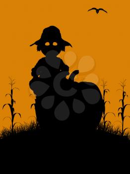 Royalty Free Clipart Image of a Scarecrow and Pumpkin