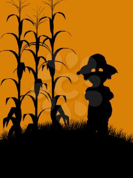 Royalty Free Clipart Image of a Scarecrow in a Cornfield