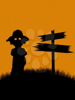 Royalty Free Clipart Image of a Scarecrow and Sign