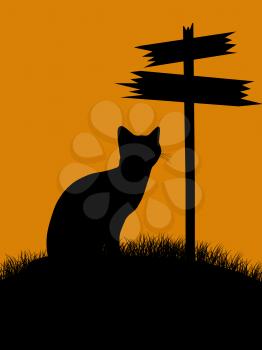Royalty Free Clipart Image of a Black Cat on an Orange and Black Background