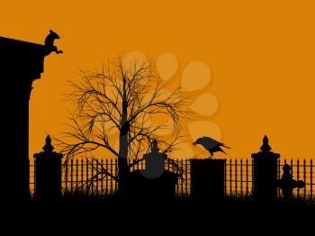 Royalty Free Clipart Image of a Cemetery With a Mouse and Bird