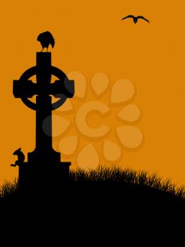 Royalty Free Clipart Image of a Cemetery Cross With Birds and a Mouse