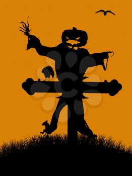 Royalty Free Clipart Image of a Halloween Scarecrow and Cross