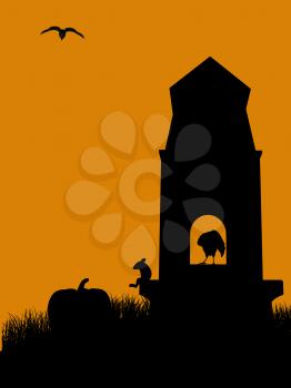 Royalty Free Clipart Image of a Tombstone With Animals and a Pumpkin