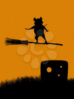 Royalty Free Clipart Image of a Mouse on a Broomstick Over Cheese
