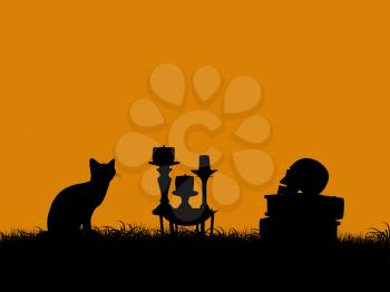 Royalty Free Clipart Image of a Halloween Scene With a Cat and Candles
