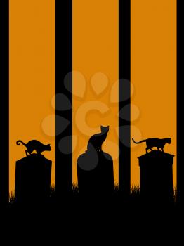 Royalty Free Clipart Image of Three Cats in a Graveyard