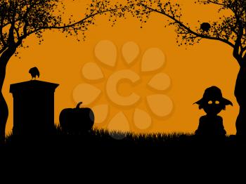Royalty Free Clipart Image of a Monument Pumpkin and Scarecrow