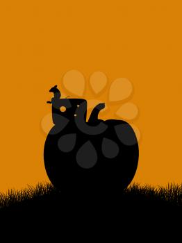 Royalty Free Clipart Image of a Mouse on Cheese and a Pumpkin