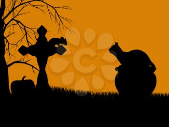Royalty Free Clipart Image of a Cat on a Pumpkin By a Tombstone