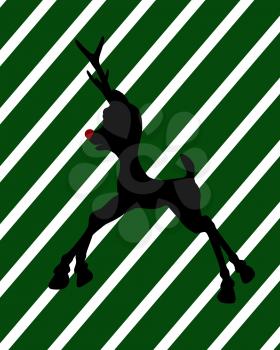 Royalty Free Clipart Image of a Black Reindeer on a Green and White Striped Background