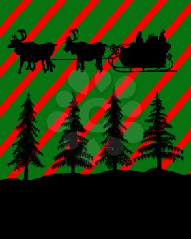 Royalty Free Clipart Image of Santa and the Reindeer Over Trees