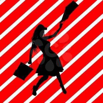 Royalty Free Clipart Image of a Girl With Shopping Bags on a Red Striped Background