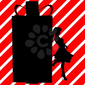 Royalty Free Clipart Image of a Girl Leaning on a Big Gift