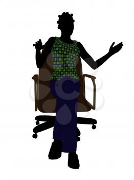 African American casual dressed female sitting on a chair silhouette on a white background