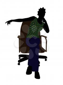 African American casual dressed female sitting on a chair silhouette on a white background
