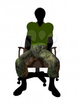 African ameircan soldier sitting on an office chair silhouette on a white background