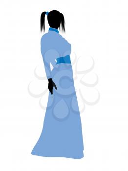 Royalty Free Clipart Image of a Girl in Pigtails Wearing a Blue Gown